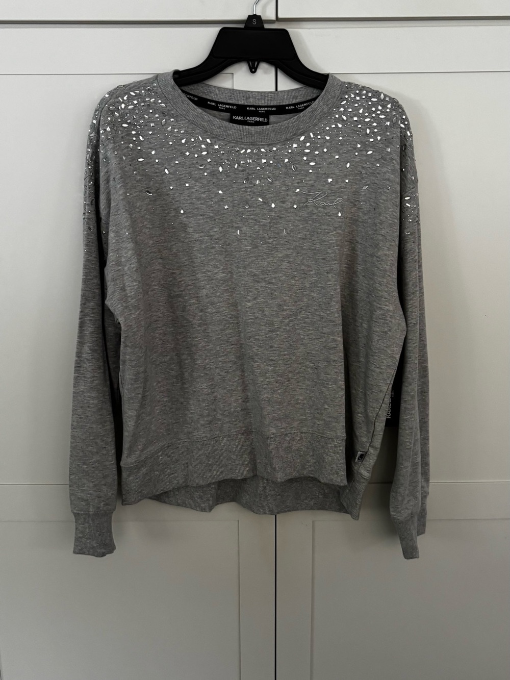 Karl Lagerfeld Gray Crewneck Sweatshirt with Silver Embellishments